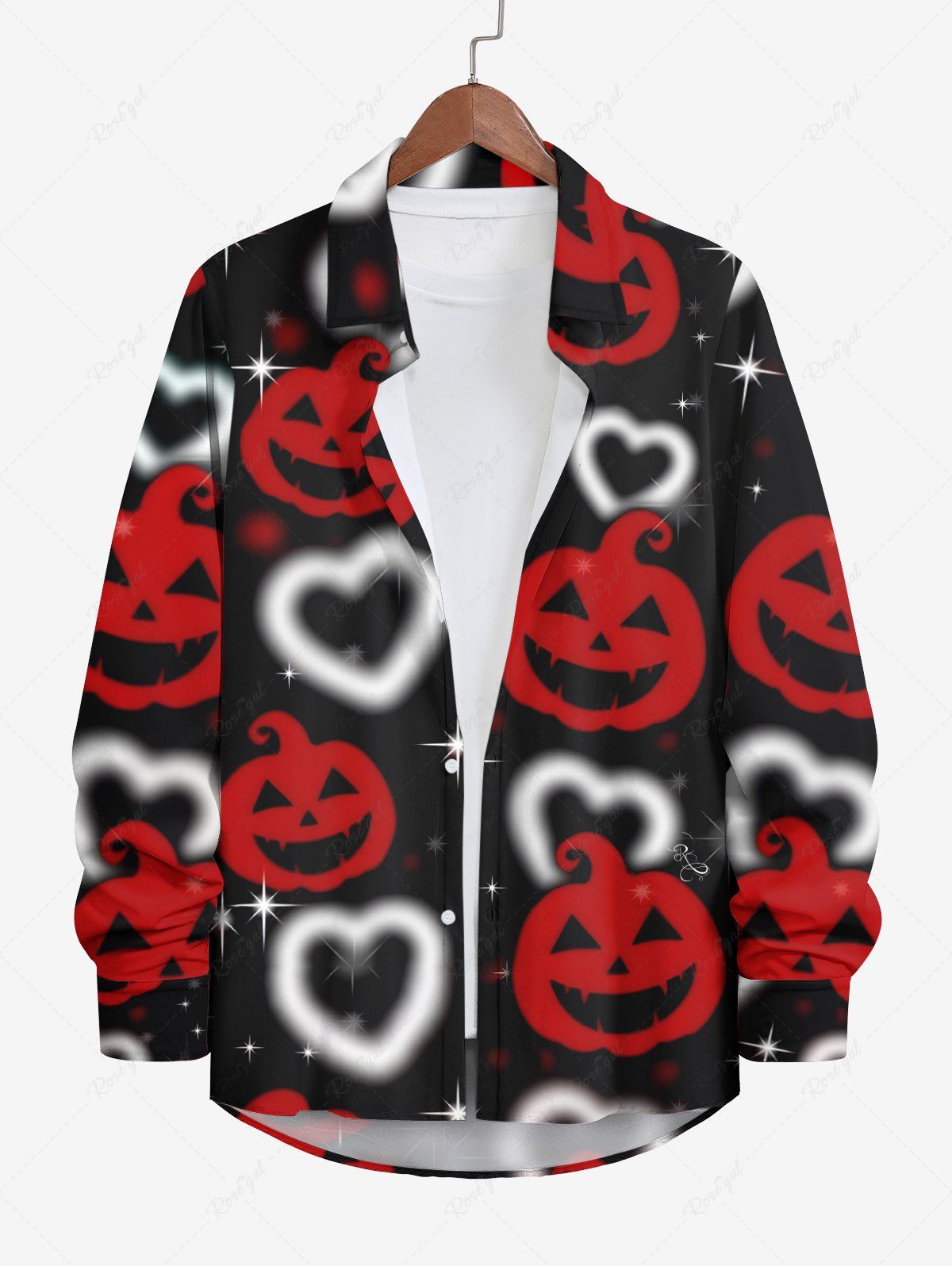 Chic Plus Size Halloween Costume Pumpkin Heart Star Glitter 3D Print Buttons Long Sleeve Shirt For Men  