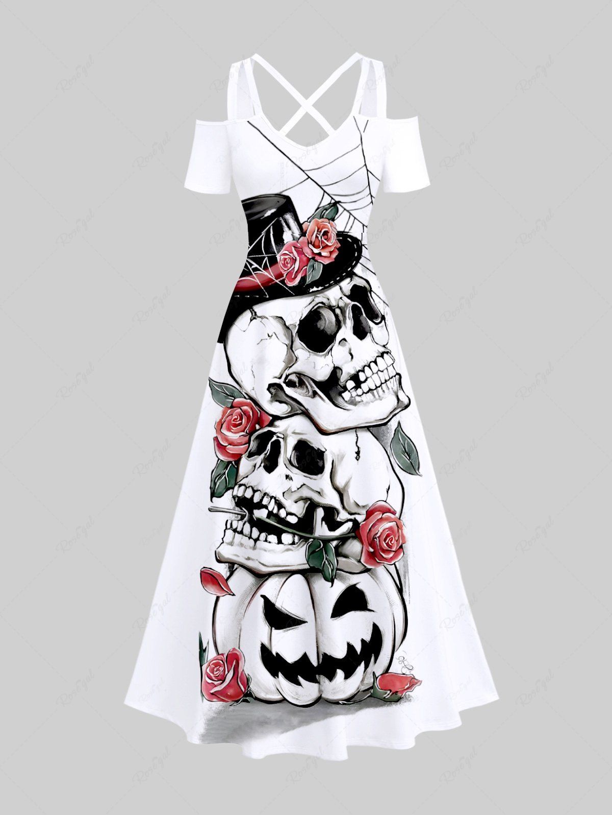 Maxi Robe D'Halloween Rose Toile D'Araignée Citrouille Imprimés à Epaule Dénudée Grande Taille Blanc 3X