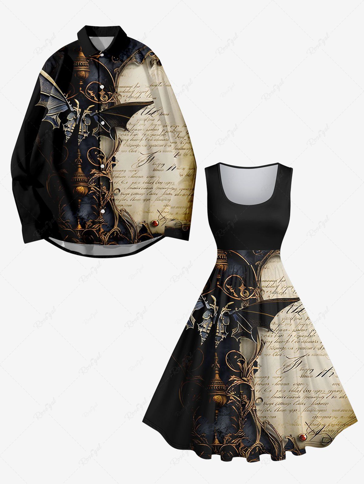 Ensemble Costume D'Halloween Imprimé Journal et Chauve-souris Grande Taille pour Couples Noir 