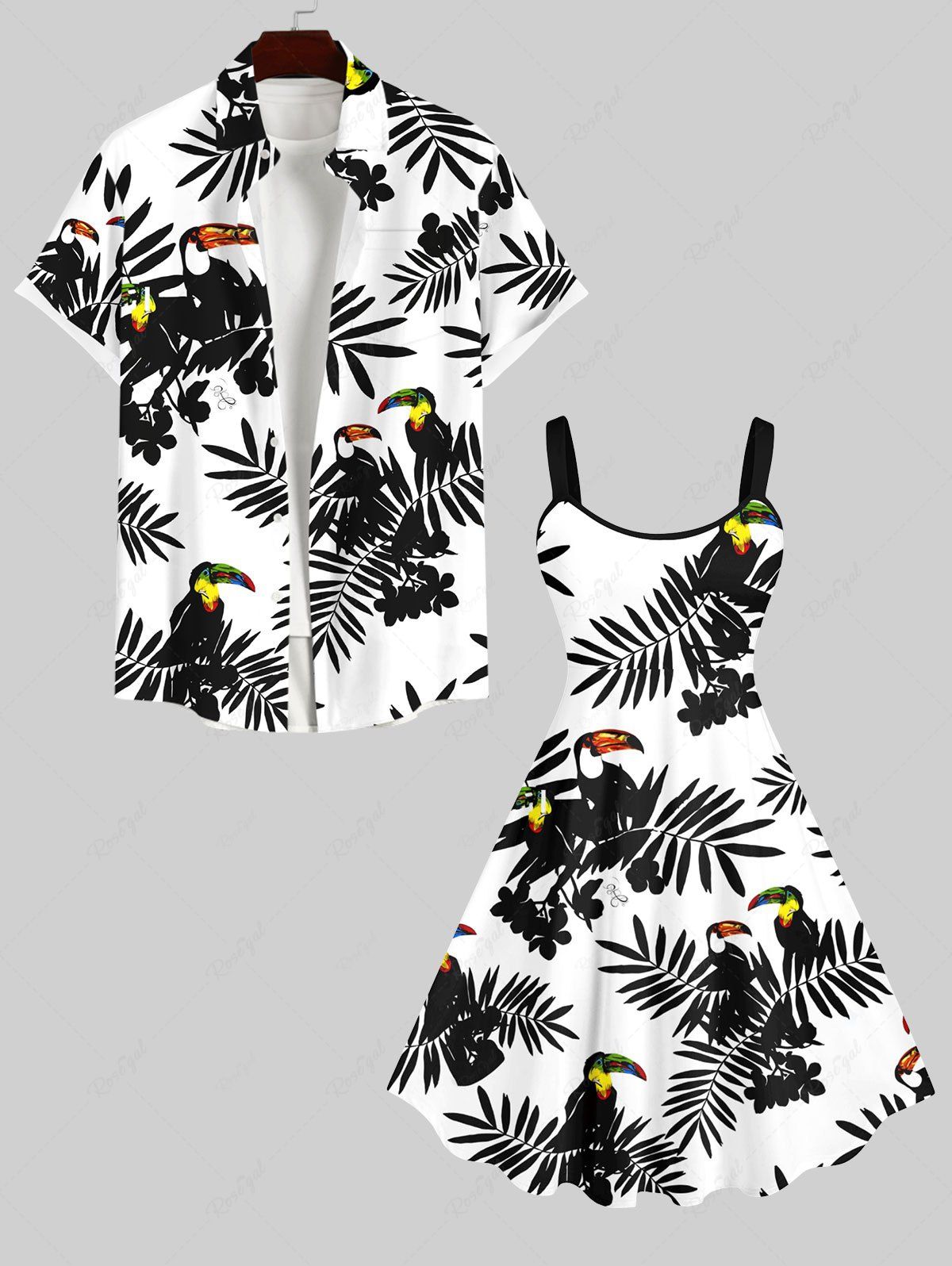 Contrastant Imprimé Feuilles et Perroquets Grande Taille pour la Plage Blanc 