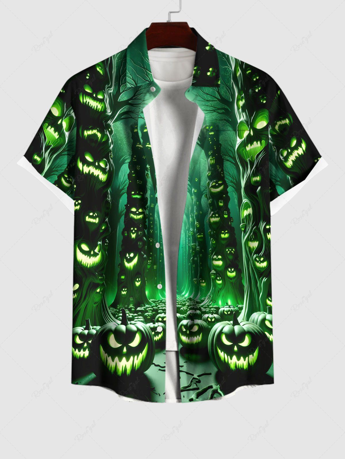 Trendy Plus Size Glitter Pumpkin Lantern Tree Forest Moon Galaxy Print Halloween Button Pocket Shirt For Men  