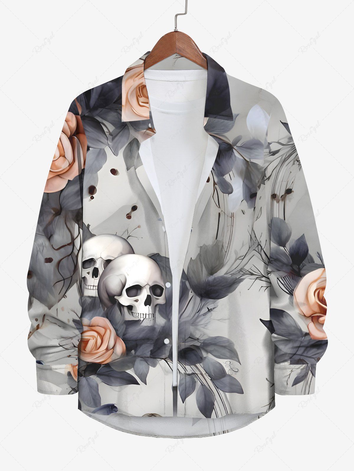 Best Plus Size Ink Painting Rose Flower Leaf Skulls Print Halloween Button Long Sleeves Shirt For Men  