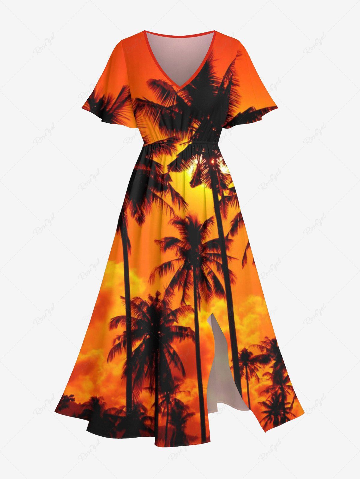 Buy Plus Size Coconut Tree Ombre Sky Dusk Cloud Print Hawaii Split Pocket A Line Midi Dress  