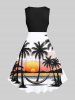 Robe vintage hawaïenne des années 1950, grande taille, imprimé cocotier, coucher de soleil, hamac, mer, montagne - Blanc XS