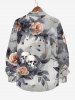 Plus Size Ink Painting Rose Flower Leaf Skulls Print Halloween Button Long Sleeves Shirt For Men -  