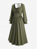Plus Size Solid Color Lace Up Ruffles Ruched Poet Sleeves Dress -  