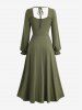 Plus Size Solid Color Lace Up Ruffles Ruched Poet Sleeves Dress -  