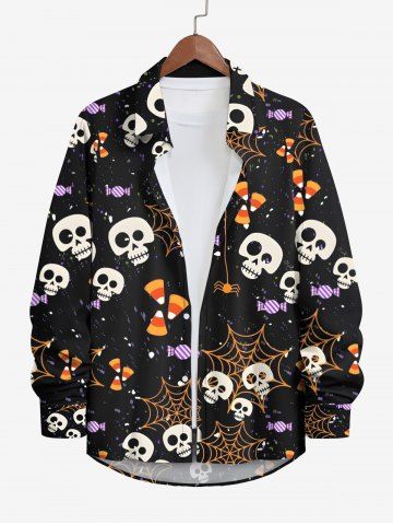 Plus Size Halloween Costume Skulls Spider Web Candy Print Buttons Long Sleeve Shirt For Men - BLACK - 5XL