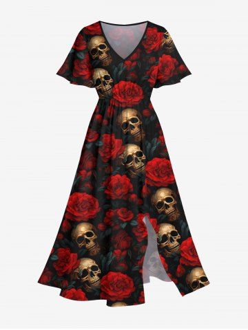 Plus Size Halloween Costume Skulls Rose Flower Print Split Midi Dress - MULTI-A - M