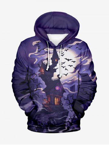 Plus Size Halloween Costume Moon Bat Castle Tree Print Pocket Drawstring Hoodie For Men - PURPLE - M