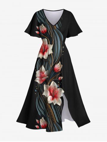 Plus Size Flowers Curve Light Beam 3D Print Split Hawaii Midi Dress - BLACK - 3X