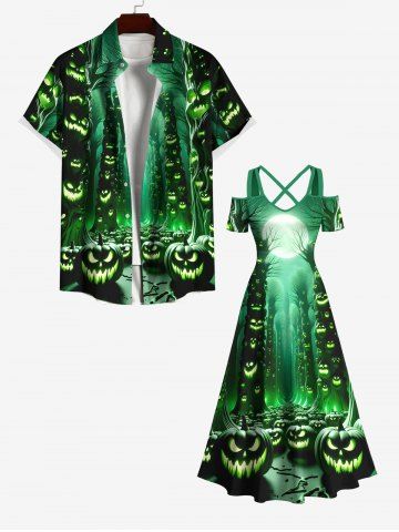 Halloween Costume Glitter Pumpkin Lantern Tree Forest Moon Galaxy Print Plus Size Matching Set For Couples - GREEN