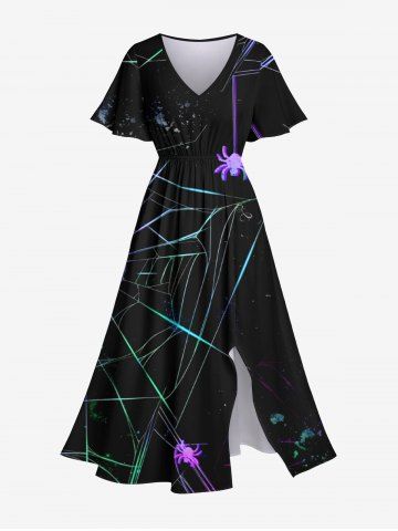 Plus Size Glitter Ombre Spider Web Print Halloween Costume Split Pocket A Line Midi Dress - BLACK - L