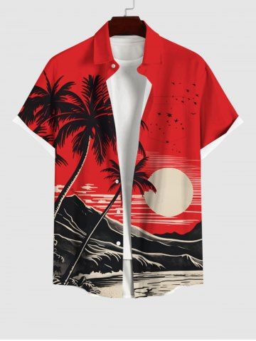 Plus Size Ink Painting Coconut Tree Mountain Sea Moon Print Hawaii Button Pocket Shirt For Men - RED - S