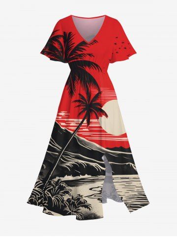 Plus Size Ink Painting Coconut Tree Mountain Sea Moon Print Hawaii Split Pocket A Line Midi Dress - RED - XS