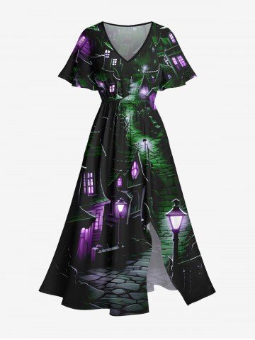 Plus Size Glitter Lantern Castle House Road Print Halloween Costume Split Pocket A Line Midi Dress - BLACK - 6X