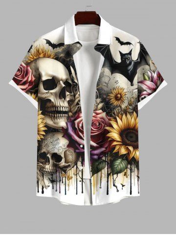 Plus Size Halloween Costume Skull Bat Rose Sunflower Print Buttons Pocket Shirt For Men - MULTI-A - 3XL