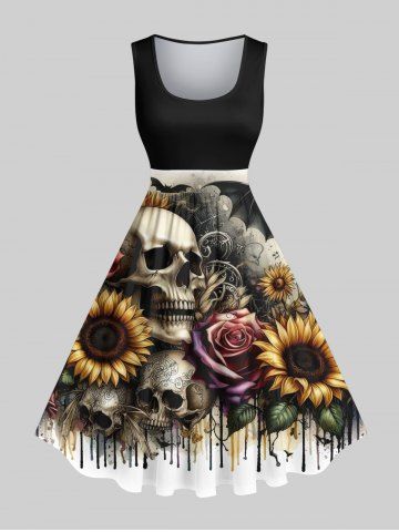 Plus Size Halloween Costume Skulls Rose Sunflower Bat Print 1950s Vintage Dress - WHITE - 4X
