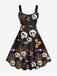 Robe Costume D'Halloween Crâne et Toile D'Araignée Imprimés de Grande Taille - Noir S