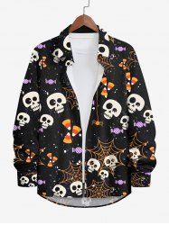 Plus Size Halloween Costume Skulls Spider Web Candy Print Buttons Long Sleeve Shirt For Men -  