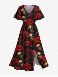 Robe Halloween Mi-longue Fendue Imprimé Rose et Crâne Grande Taille - Multi-A L