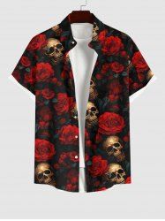 Plus Size Halloween Costume Skulls Rose Flower Print Buttons Pocket Shirt For Men -  