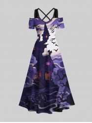 Robe D'Halloween Costume Chauve-souris Lune et Château Imprimés à Epaule Dénudée de Grande Taille - Multi-A 6X