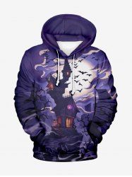 Plus Size Halloween Costume Moon Bat Castle Tree Print Pocket Drawstring Hoodie For Men -  