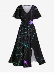 Plus Size Glitter Ombre Spider Web Print Halloween Costume Split Pocket A Line Midi Dress -  