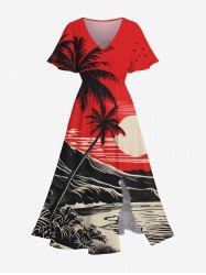 Plus Size Ink Painting Coconut Tree Mountain Sea Moon Print Hawaii Split Pocket A Line Midi Dress -  