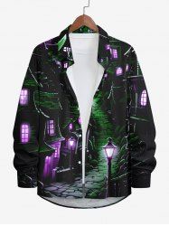 Chemise D'Halloween Château et Lanterne Imprimés Boutonnée de Grande Taille à Paillettes pour Homme - Noir 3XL
