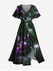 Robe D'Halloween Mi-Longue Linge A Château et Lanterne Imprimés de Grande Taille avec Poche - Noir 3X