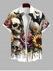 Plus Size Halloween Costume Skull Bat Rose Sunflower Print Buttons Pocket Shirt For Men -  