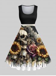 Plus Size Halloween Costume Skulls Rose Sunflower Bat Print 1950s Vintage Dress -  