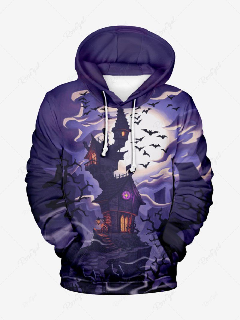 Latest Plus Size Halloween Costume Moon Bat Castle Tree Print Pocket Drawstring Hoodie For Men  