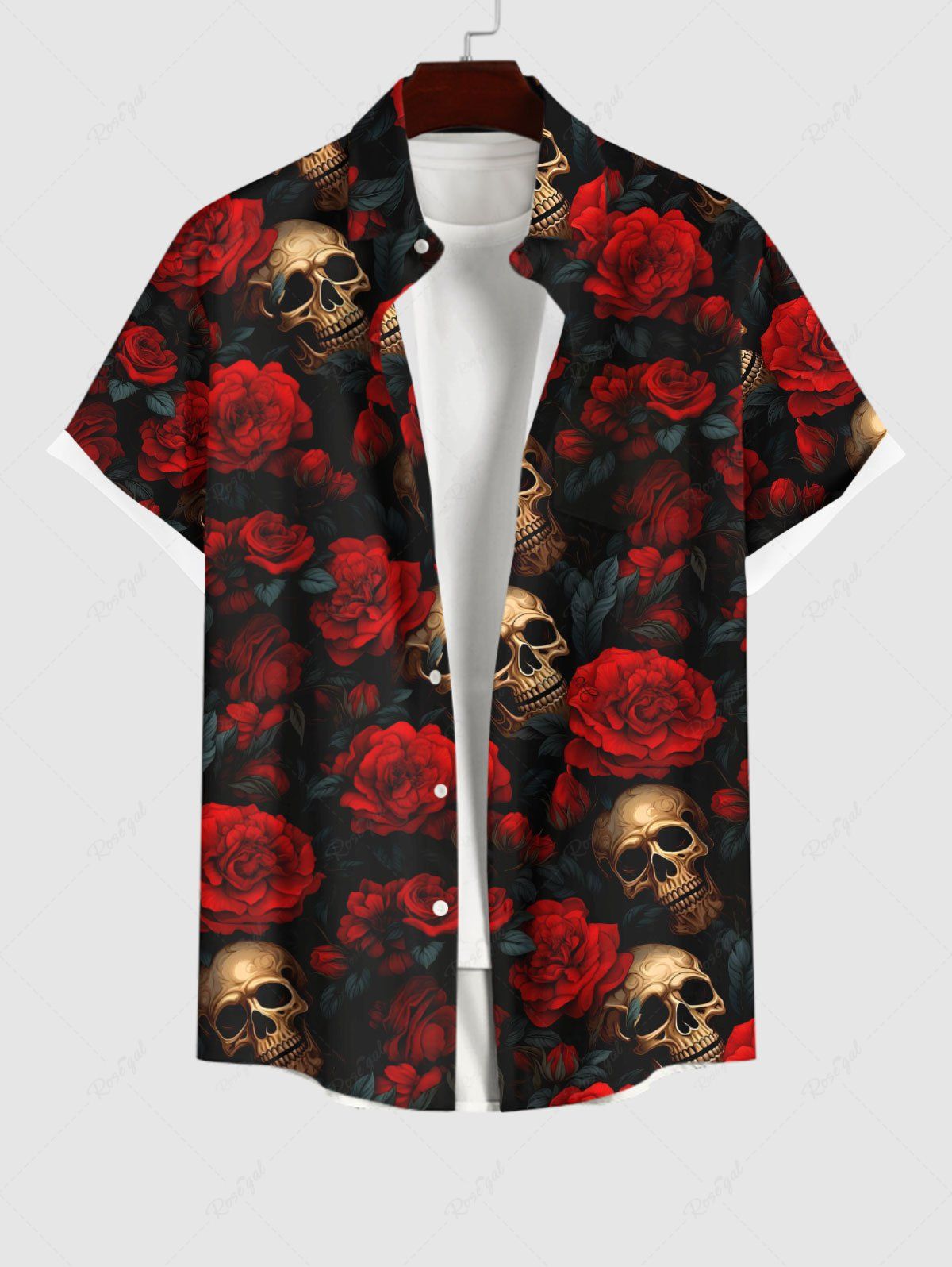 Outfit Plus Size Halloween Costume Skulls Rose Flower Print Buttons Pocket Shirt For Men  