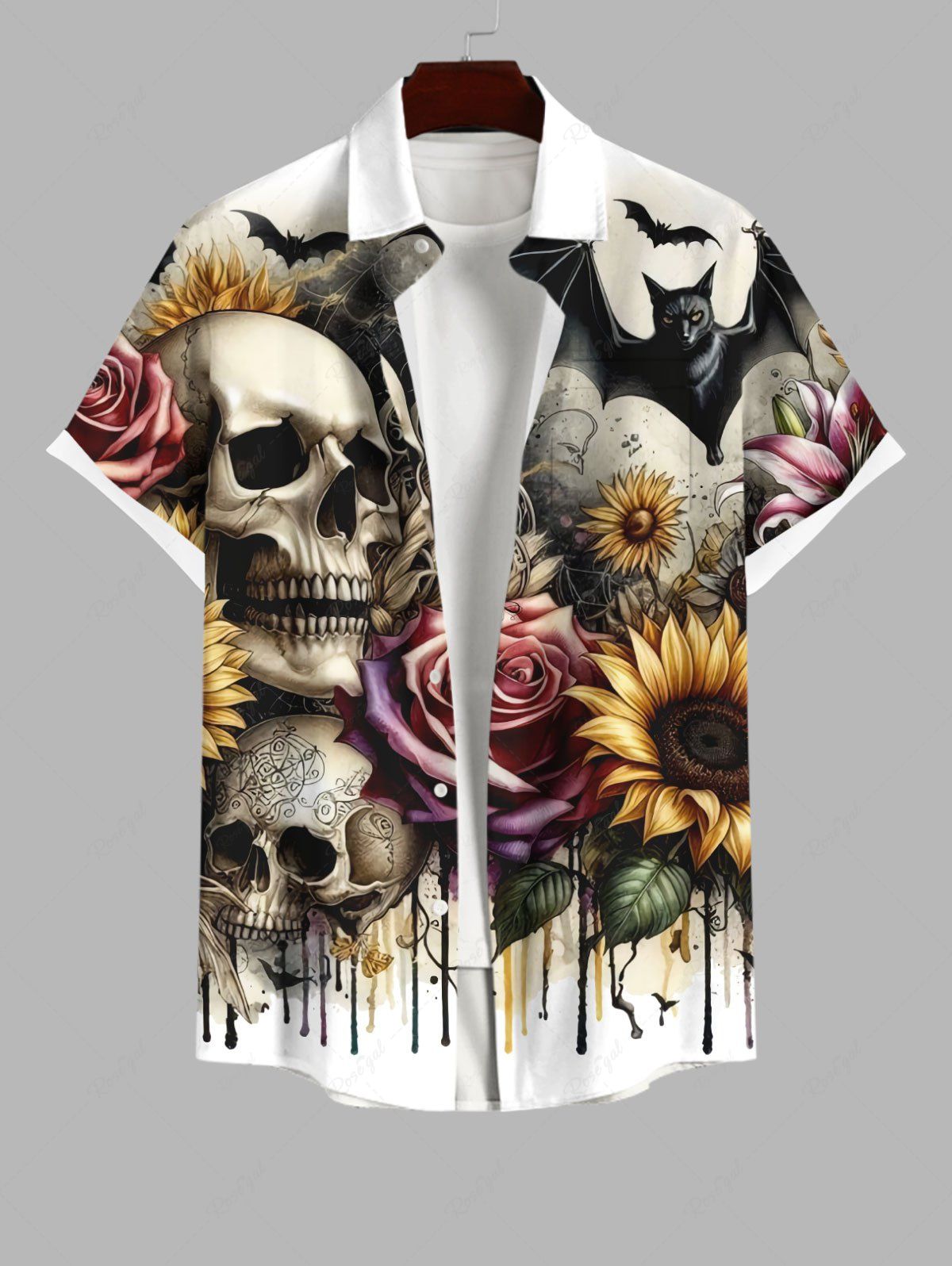 Shop Plus Size Halloween Costume Skull Bat Rose Sunflower Print Buttons Pocket Shirt For Men  