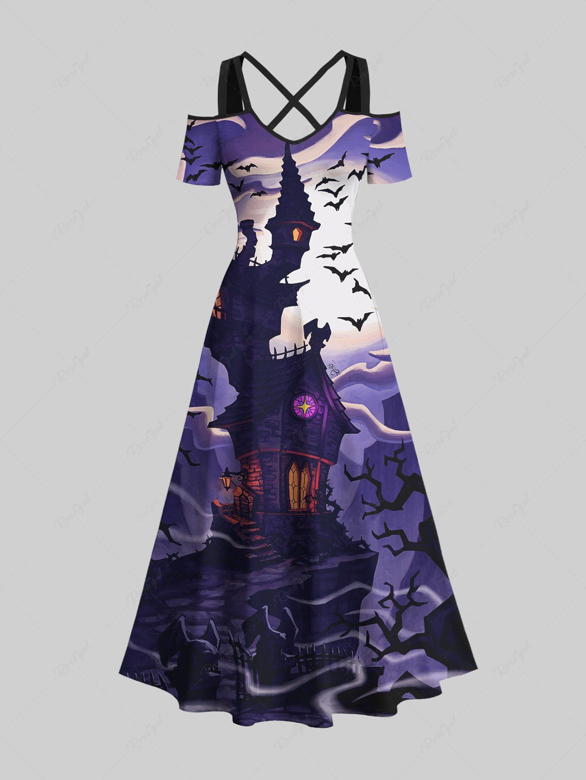 Robe D'Halloween Costume Chauve-souris Lune et Château Imprimés à Epaule Dénudée de Grande Taille Multi-A 6X