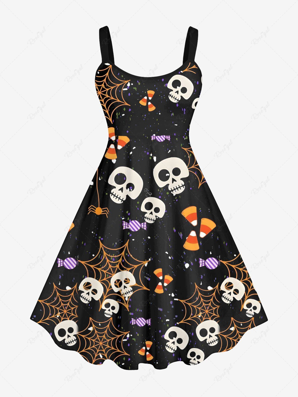Robe Costume D'Halloween Crâne et Toile D'Araignée Imprimés de Grande Taille Noir S