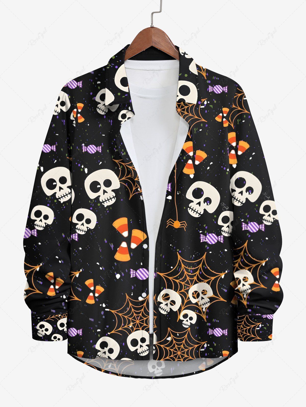 Sale Plus Size Halloween Costume Skulls Spider Web Candy Print Buttons Long Sleeve Shirt For Men  