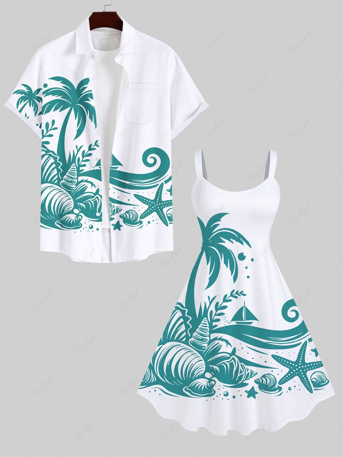 Hawaïen à Imprimé Cocotiers et Etoiles de Mer avec Coquillages Grande-Taille pour Couples Blanc 