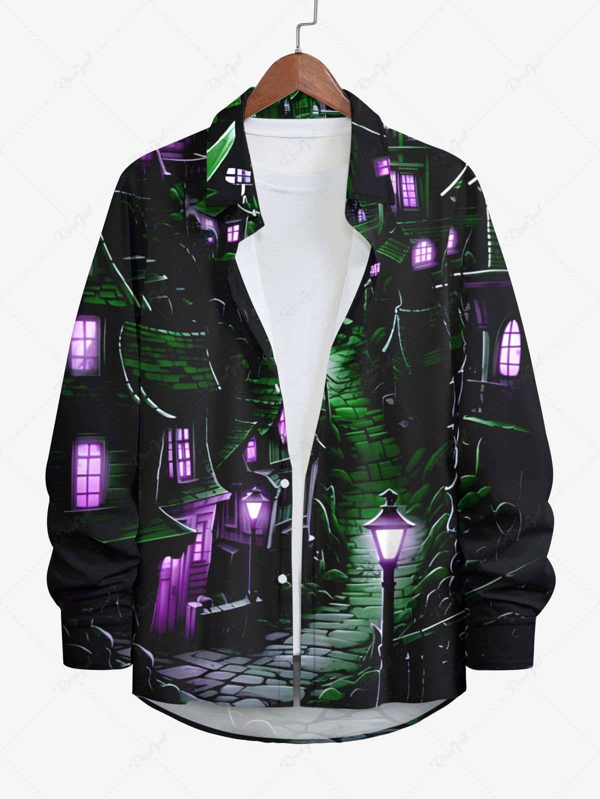 Chemise D'Halloween Château et Lanterne Imprimés Boutonnée de Grande Taille à Paillettes pour Homme Noir 3XL