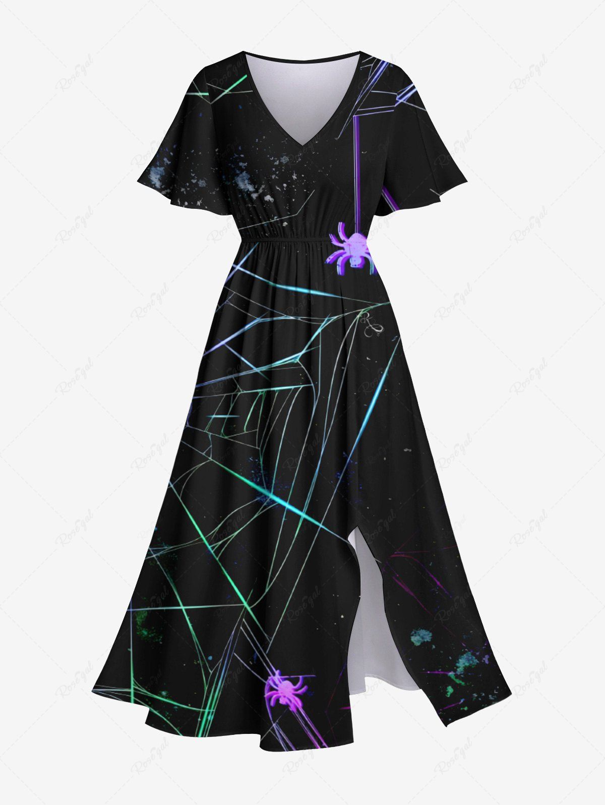Buy Plus Size Glitter Ombre Spider Web Print Halloween Costume Split Pocket A Line Midi Dress  