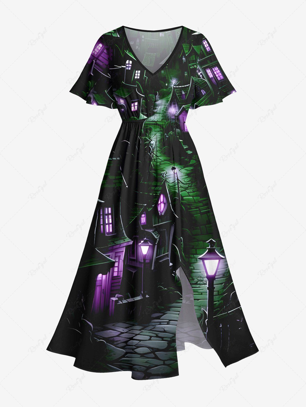 Shop Plus Size Glitter Lantern Castle House Road Print Halloween Costume Split Pocket A Line Midi Dress  