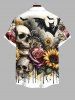 Plus Size Halloween Costume Skull Bat Rose Sunflower Print Buttons Pocket Shirt For Men -  