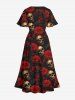 Robe Halloween Mi-longue Fendue Imprimé Rose et Crâne Grande Taille - Multi-A L