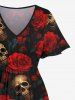 Robe Halloween Mi-longue Fendue Imprimé Rose et Crâne Grande Taille - Multi-A L
