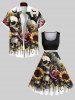 Plus Size Halloween Costume Skulls Rose Sunflower Bat Print 1950s Vintage Dress -  