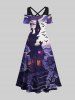 Robe D'Halloween Costume Chauve-souris Lune et Château Imprimés à Epaule Dénudée de Grande Taille - Multi-A 6X