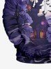 Plus Size Halloween Costume Moon Bat Castle Tree Print Pocket Drawstring Hoodie For Men -  